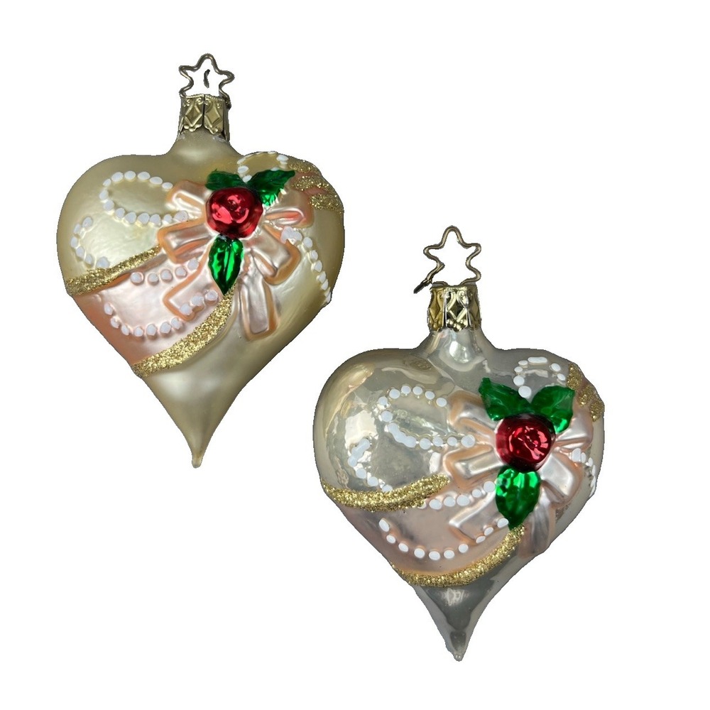 Old World Christmas Ornaments - Glass Heart Ornament with Glitter - Lot Of 2